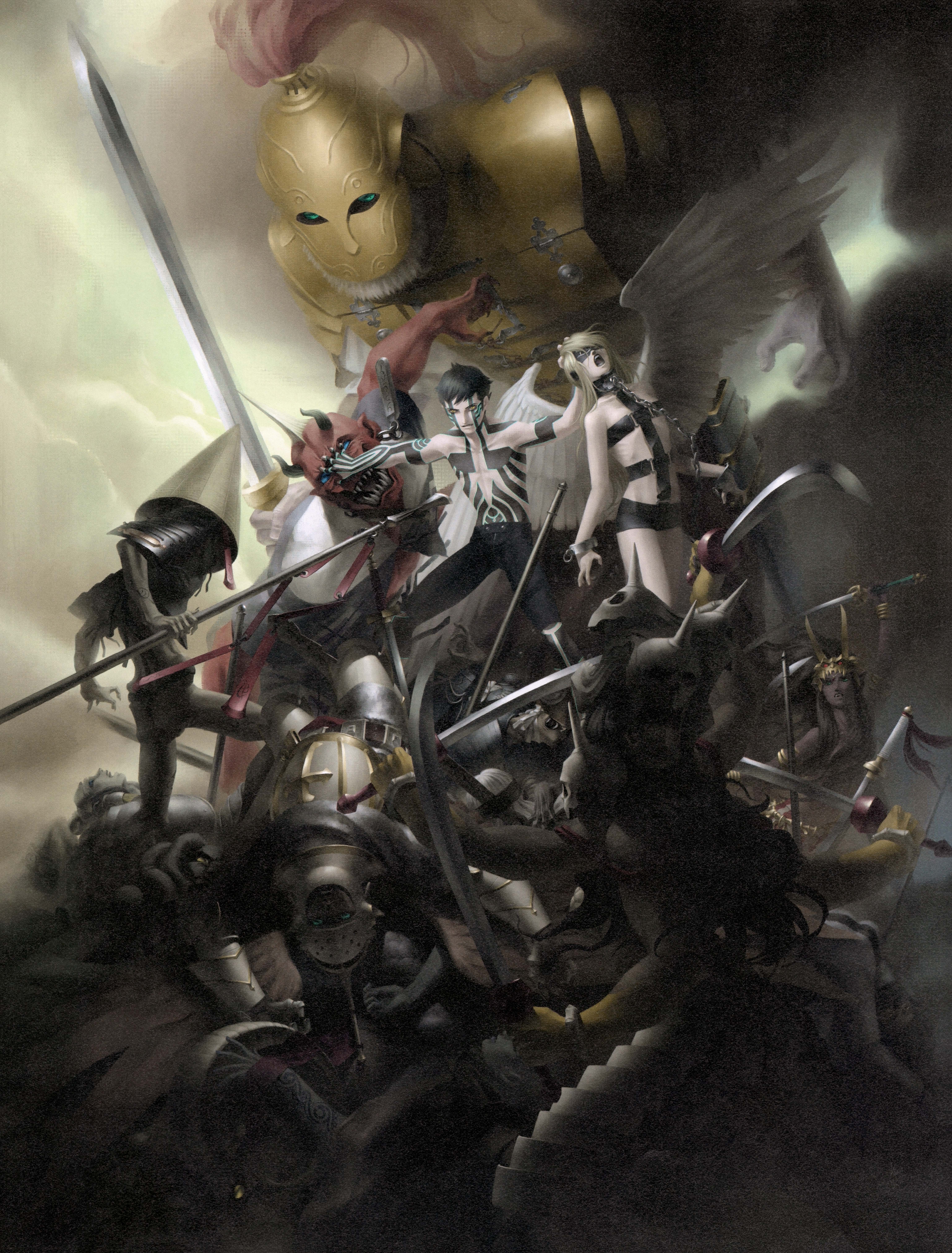 kazuma kaneko, shiraishi megumi (colorist), angel (megami tensei), archangel (megami tensei), demi-fiend, lakshmi (megami tensei), oni (megami tensei), taraka (megami tensei), titan (megami tensei), yaksini (megami tensei), shin megami tensei, shin megami tensei iii: nocturne, absurdres, character request, highres, official art, scan, third-party edit, third-party source, 6+boys, 6+girls, angel, angel wings, armor, black hair, black shorts, blindfold, blonde hair, blue eyes, bondage outfit, bracelet, colored skin, cuffs, demon, demon (megami tensei), extra arms, full-body tattoo, grabbing another's face, grabbing another's head, head grab, helmet, holding, holding polearm, holding sword, holding weapon, horns, jewelry, looking at viewer, multiple boys, multiple girls, open mouth, pile of corpses, plate armor, polearm, purple skin, red skin, shackles, sharp teeth, shorts, skull, sword, tattoo, teeth, weapon, wings, yellow eyes, yomotsu-ikusa (megami tensei)