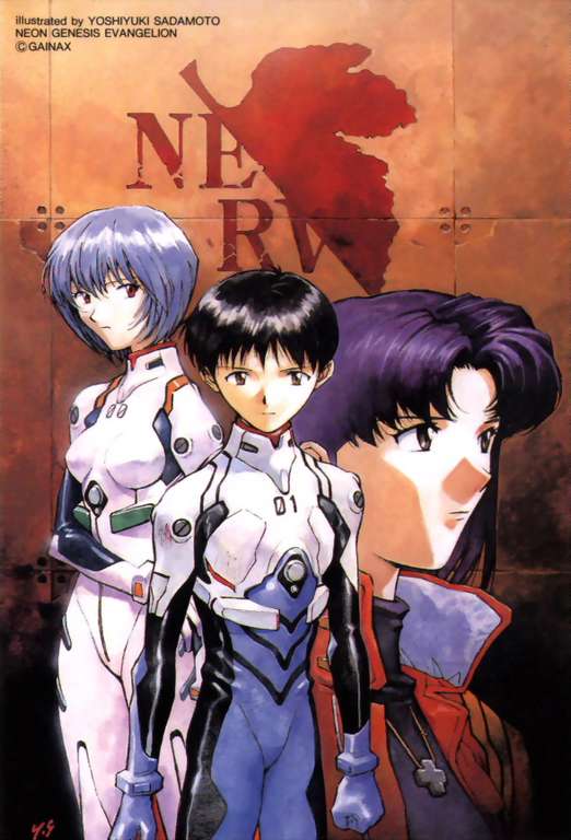 sadamoto yoshiyuki, ayanami rei, ikari shinji, katsuragi misato, neon genesis evangelion, neon genesis evangelion (manga), official art, 1boy, 2girls, black hair, blue hair, mecha pilot suit, multiple girls, plugsuit (evangelion), purple hair, red eyes