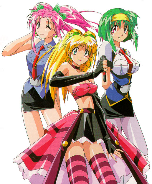 yamashita toshinari, evette lilica, jinguu maya, kawai yumi, kinezono rio, lilica evett, burn-up, burn-up excess, burn-up w, multicolored legwear, striped legwear, artist request, official art, 1990s (style), 3girls, alternate hairstyle, arm behind head, bandeau, belt, black gloves, blonde hair, blue eyes, breasts, choker, earrings, elbow gloves, fingerless gloves, gloves, green eyes, green hair, hairband, headband, idol, jewelry, long hair, medium breasts, microphone, midriff, miniskirt, multiple girls, necktie, one eye closed, pantyhose, pencil skirt, pink eyes, pink hair, police, police uniform, policewoman, retro artstyle, shirt, short hair, side slit, simple background, skirt, small breasts, smile, strapless, striped clothes, striped thighhighs, thighhighs, thighs, tube top, twintails, wink