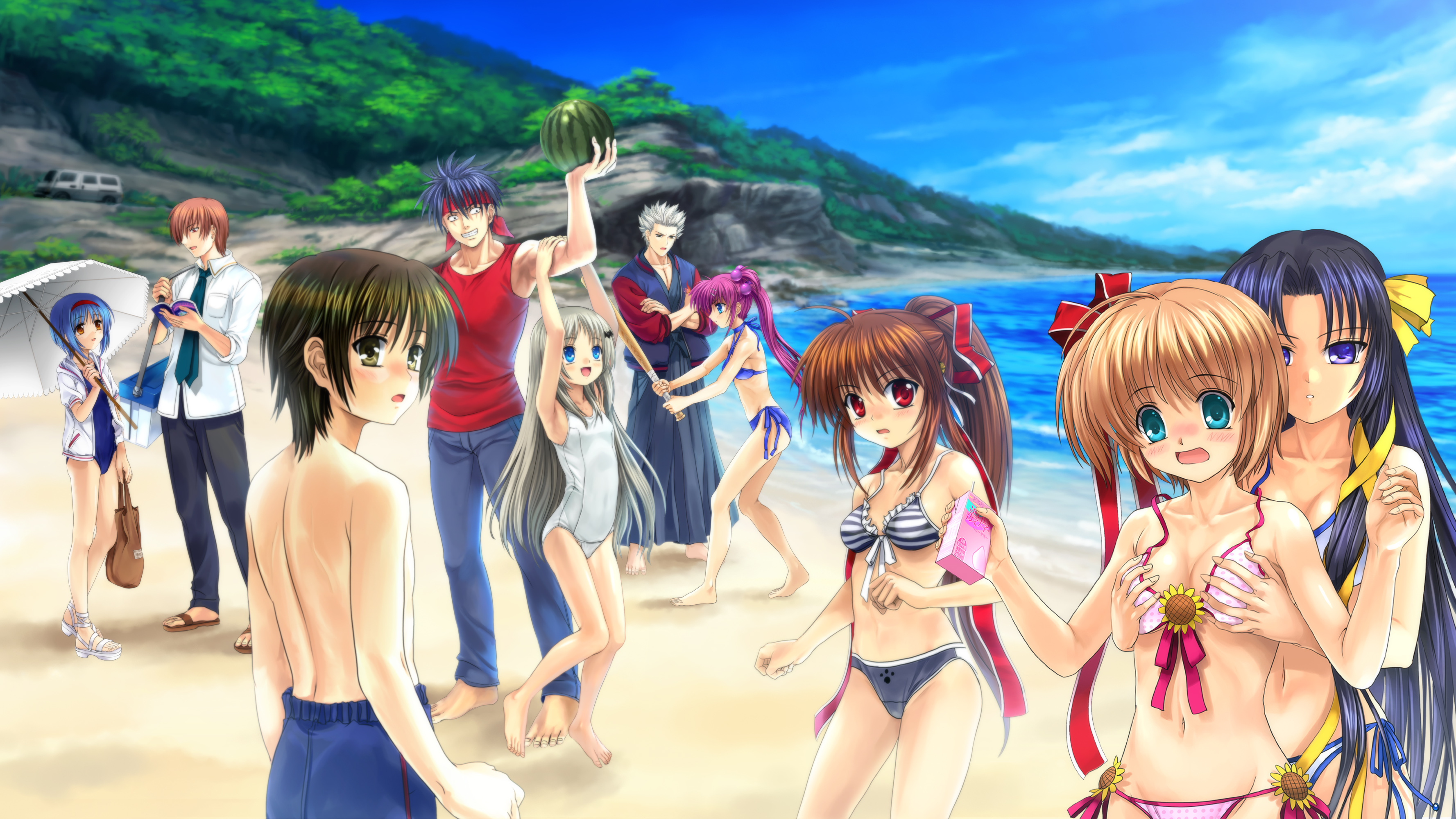 mutsuki (moonknives), inohara masato, kamikita komari, kurugaya yuiko, miyazawa kengo, naoe riki, natsume kyousuke, natsume rin, nishizono mio, noumi kudryavka, saigusa haruka, key (company), little busters!, absurdres, highres, 4boys, 6+girls, bag, barefoot, bat (animal), beach, bikini, book, breasts, day, feet, food, front-tie top, fruit, grabbing another's breast, groping, hair bobbles, hair ornament, hair ribbon, hairband, jacket, jacket over swimsuit, medium breasts, multiple boys, multiple girls, one-piece swimsuit, outdoors, parasol, polka dot, polka dot bikini, polka dot swimsuit, ribbon, sandals, school swimsuit, side-tie bikini bottom, striped bikini, striped clothes, swimsuit, toes, umbrella, watermelon