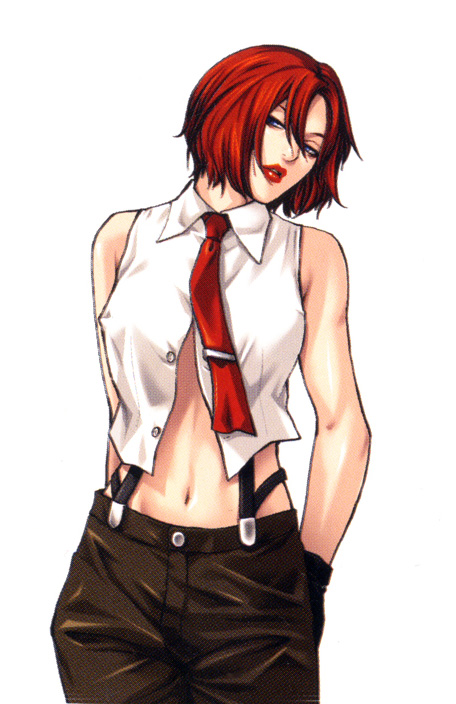 nakano tomokazu, vanessa (kof), snk, the king of fighters, the king of fighters neowave, official art, 1girl, bare shoulders, blue eyes, female focus, gloves, head tilt, lipstick, makeup, mature female, midriff, necktie, open clothes, open shirt, red hair, shirt, short hair, solo, square-end necktie, suspenders