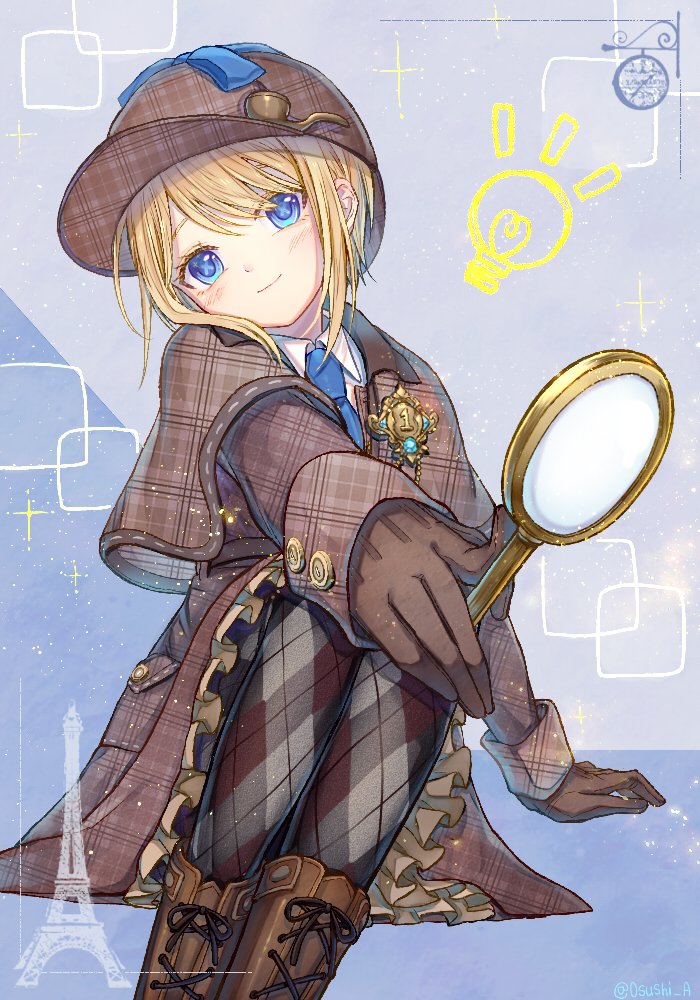 0sushi a, emma woods, emma woods (lady truth), identity v, 1girl, ankle boots, blonde hair, blue eyes, blue necktie, boots, brooch, brown boots, brown capelet, brown coat, brown gloves, capelet, coat, deerstalker, detective, feet out of frame, frilled coat, frills, gloves, hand on own knee, hat, head tilt, holding, holding magnifying glass, jewelry, light blush, light particles, looking at viewer, magnifying glass, necktie, patterned clothing, plaid capelet, plaid clothes, plaid coat, plaid hat, plaid pantyhose, sitting, smile, symbol-shaped pupils