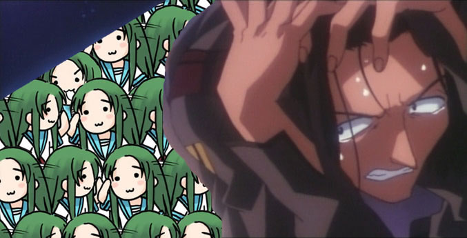 aoba shigeru, churuya, tsuruya, neon genesis evangelion, suzumiya haruhi no yuuutsu, third-party edit, 00s, 1boy, 6+girls, crossover, multiple girls, scared