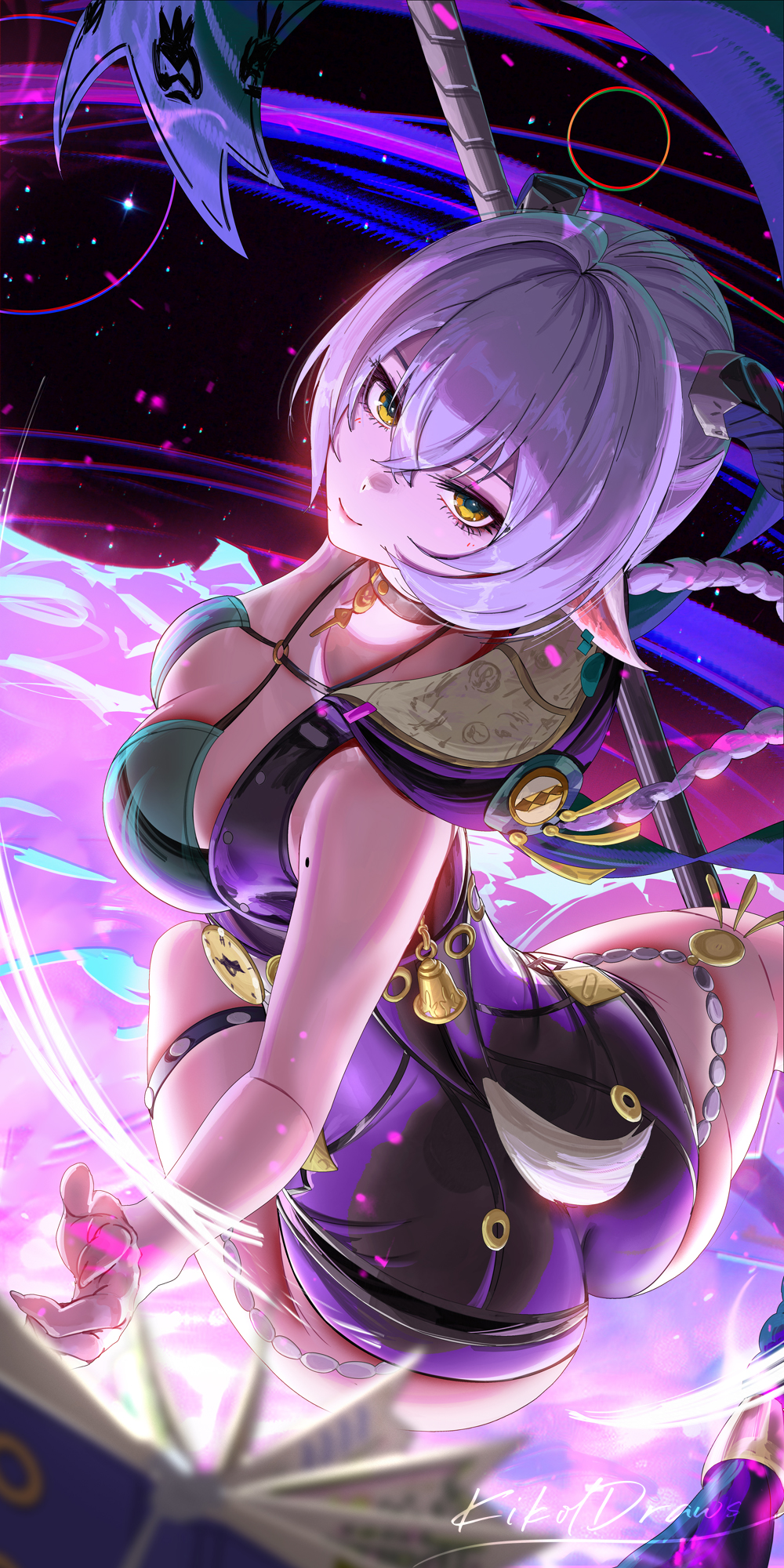 liang xing, lucia elowen, zenless zone zero, braided twintails, highres, 1girl, ass, black unitard, braid, breasts, from above, goat girl, goat horns, goat tail, grey hair, hair between eyes, horns, long hair, looking at viewer, medium breasts, pointy ears, sleeveless, solo, staff, tail, yellow eyes