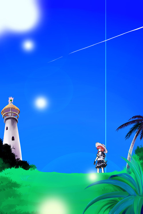 hana, kazuha (ichiwa), hana (pangya), pangya, 1girl, blue sky, blunt bangs, blurry, bokeh, bush, contrail, cross, day, depth of field, female focus, gloves, grass, hat, holding, legs apart, lighthouse, looking back, outdoors, palm tree, pink hair, pleated skirt, red hair, school uniform, serafuku, short sleeves, skirt, sky, solo, standing, straw hat, tree