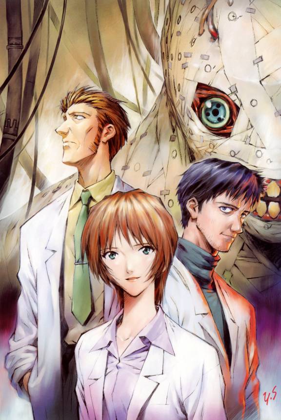 sadamoto yoshiyuki, eva 01, fuyutsuki kouzou, ikari gendou, ikari yui, neon genesis evangelion, neon genesis evangelion (manga), official art, 1girl, 2boys, aged down, bandages, beard stubble, blouse, cable, collared shirt, facial hair, hair bun, lab coat, multiple boys, purple shirt, shirt, sideburns, single side bun, sleeves rolled up, stubble, tie clip, yellow shirt