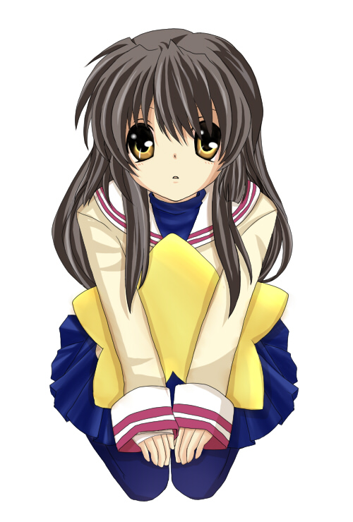 yuzuha (yuzu0x0), ibuki fuuko, clannad, 00s, black hair, brown eyes, kneeling, long hair, pantyhose, school uniform, solo, starfish