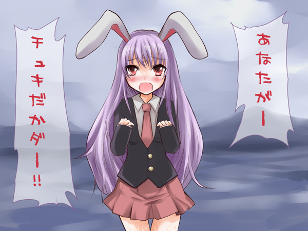 atoshi, reisen udongein inaba, touhou, duplicate, translated, 1girl, animal ears, blush, female focus, outdoors, purple hair, rabbit ears, skirt, sky, solo