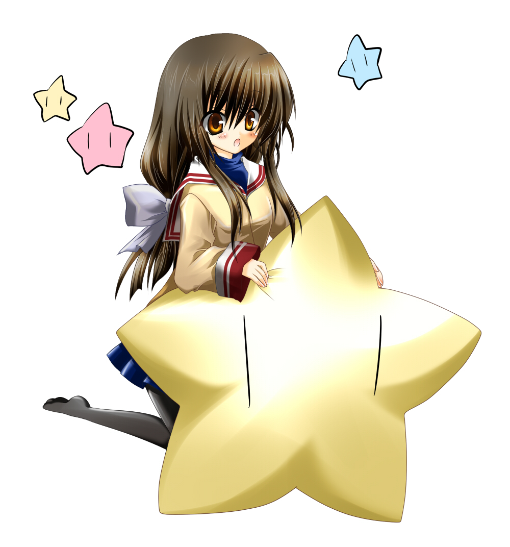 775, ibuki fuuko, clannad, bad id, bad pixiv id, 00s, brown eyes, brown hair, kneeling, long hair, pantyhose, school uniform, solo, star (symbol), starfish, | |