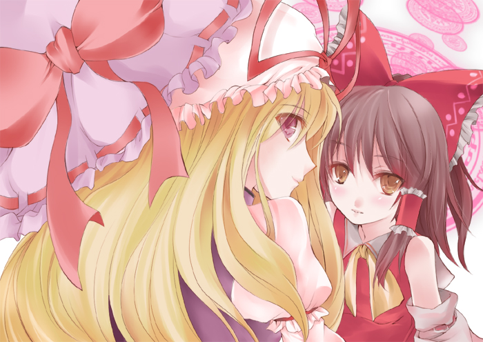 atoshi, hakurei reimu, yakumo yukari, touhou, 2girls, blonde hair, blush, brown eyes, brown hair, detached sleeves, female focus, japanese clothes, long hair, looking back, miko, multiple girls, parasol, ponytail, purple eyes, umbrella
