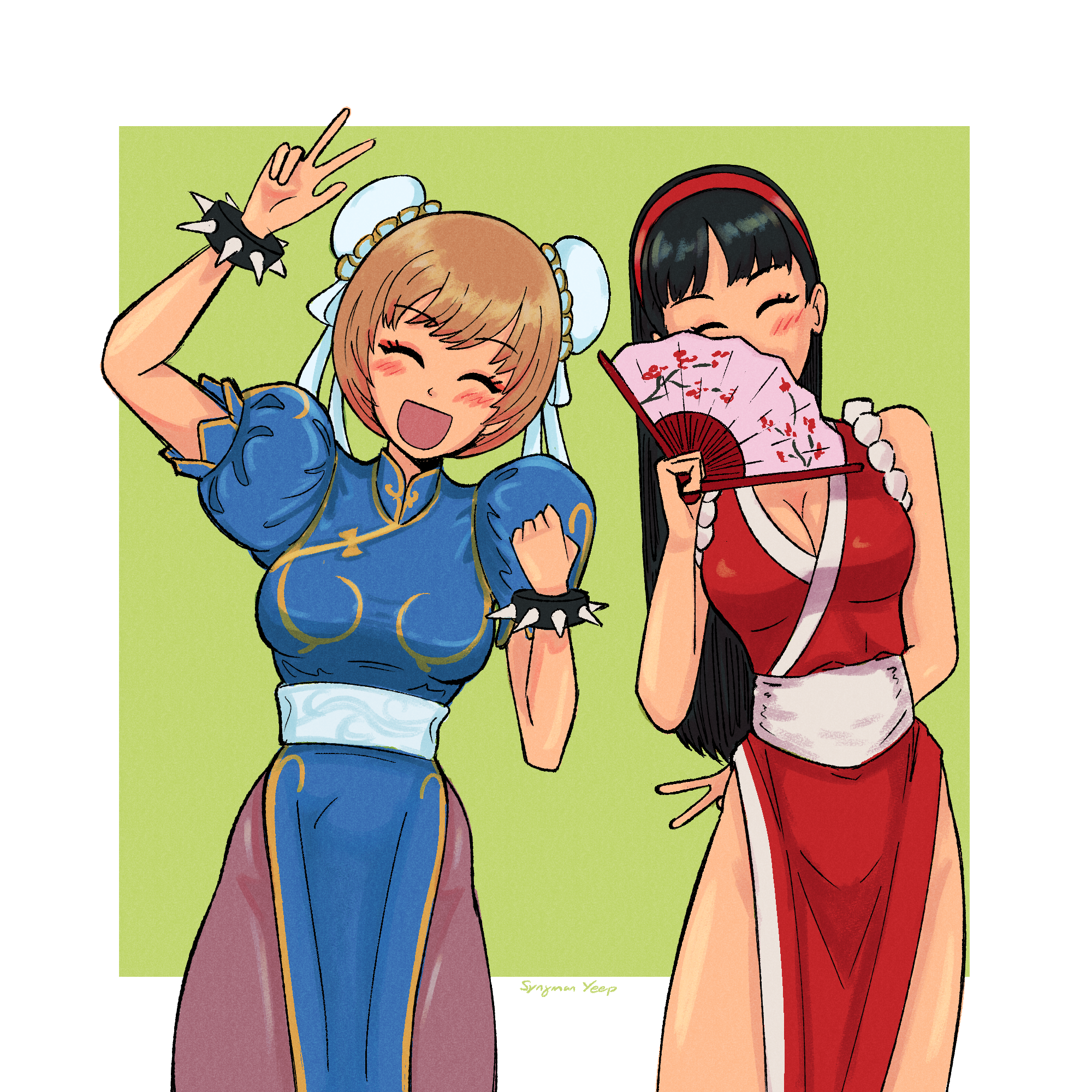 amagi yukiko, koshimizu ami, satonaka chie, fatal fury, persona, persona 4, 2girls, breasts, chun-li (cosplay), cosplay, large breasts, long hair, multiple girls, shiranui mai (cosplay), voice actor connection