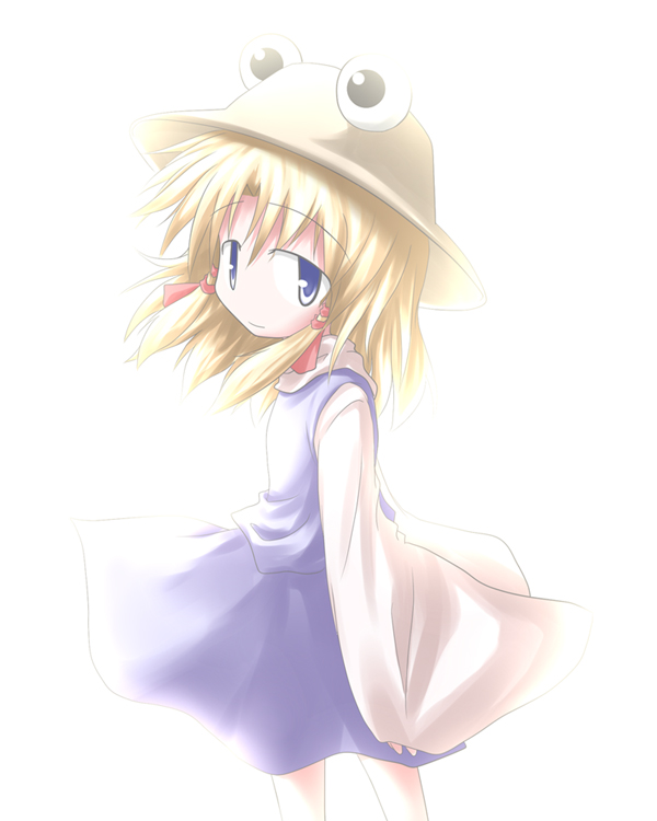 baerun, moriya suwako, touhou, 1girl, blonde hair, blush, child, female focus, hat, solo, standing, white background