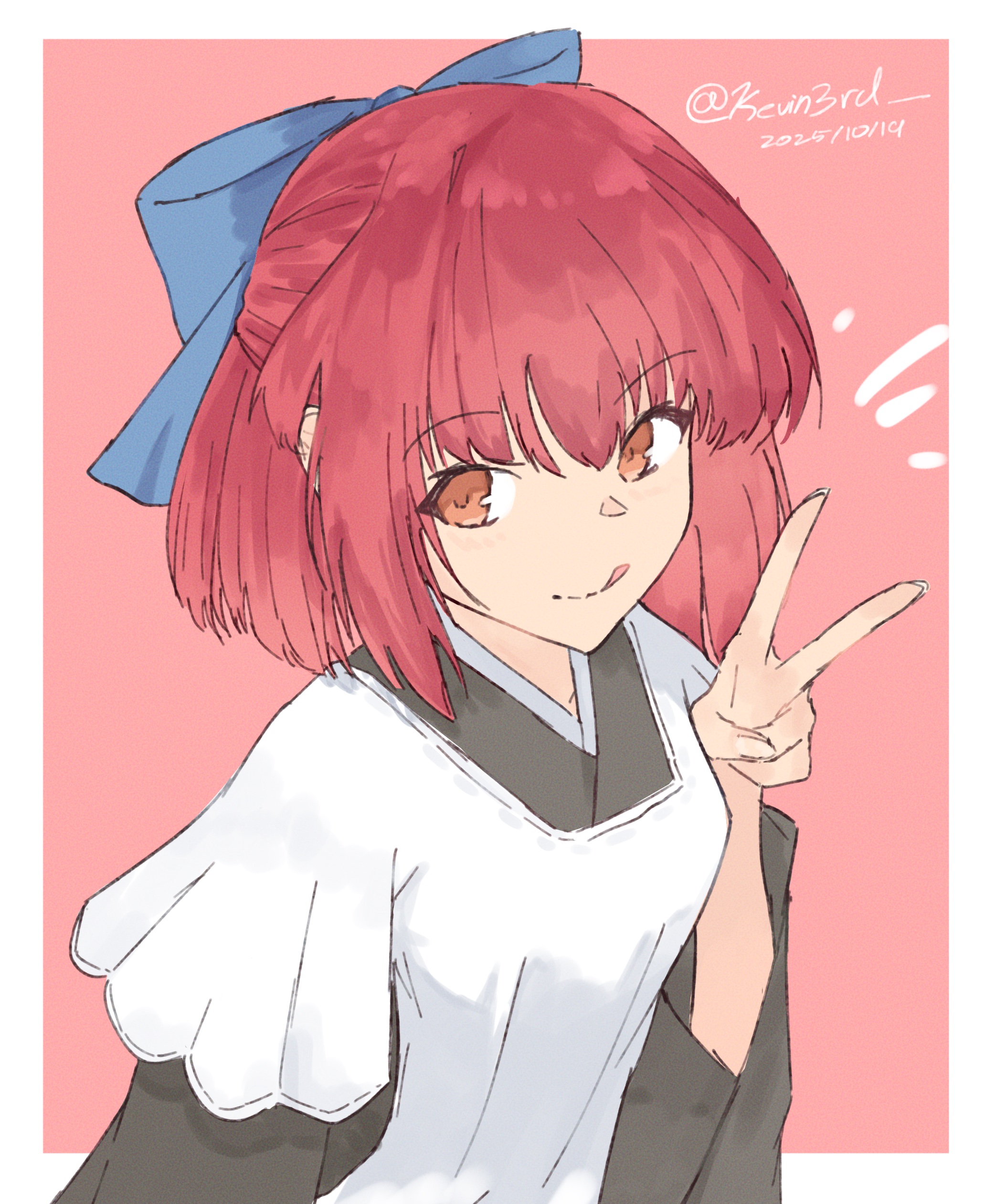 kohaku (tsukihime), tsukihime, absurdres, hashtag-only commentary, highres, 1girl, artist name, blue bow, border, bow, brown eyes, dated, hair bow, kevin3rd, looking at viewer, maid, red hair, short hair, smile, solo, tongue, tongue out, twitter username, v, white border