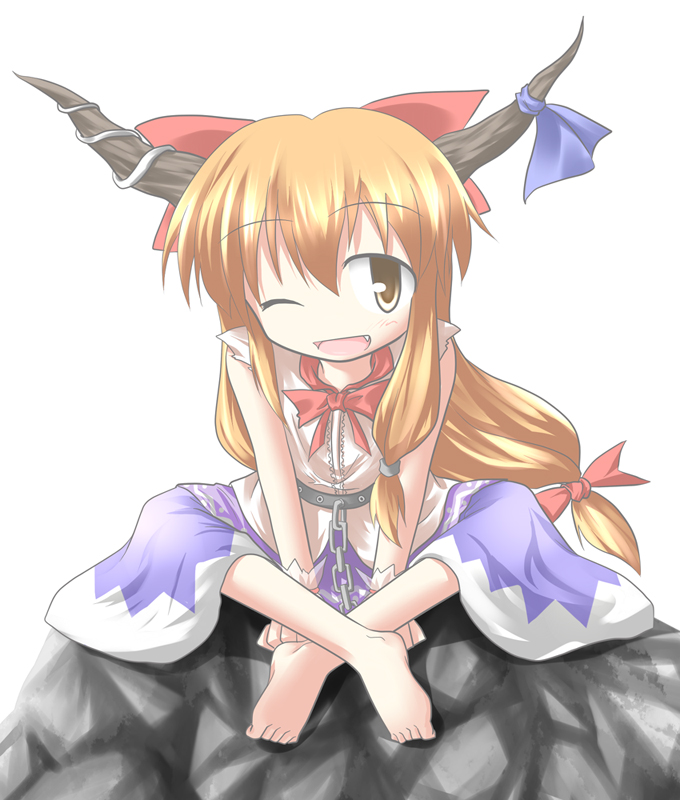 baerun, ibuki suika, touhou, 1girl, barefoot, child, feet, female focus, horns, oni, ribbon, sitting, solo, white background, wink