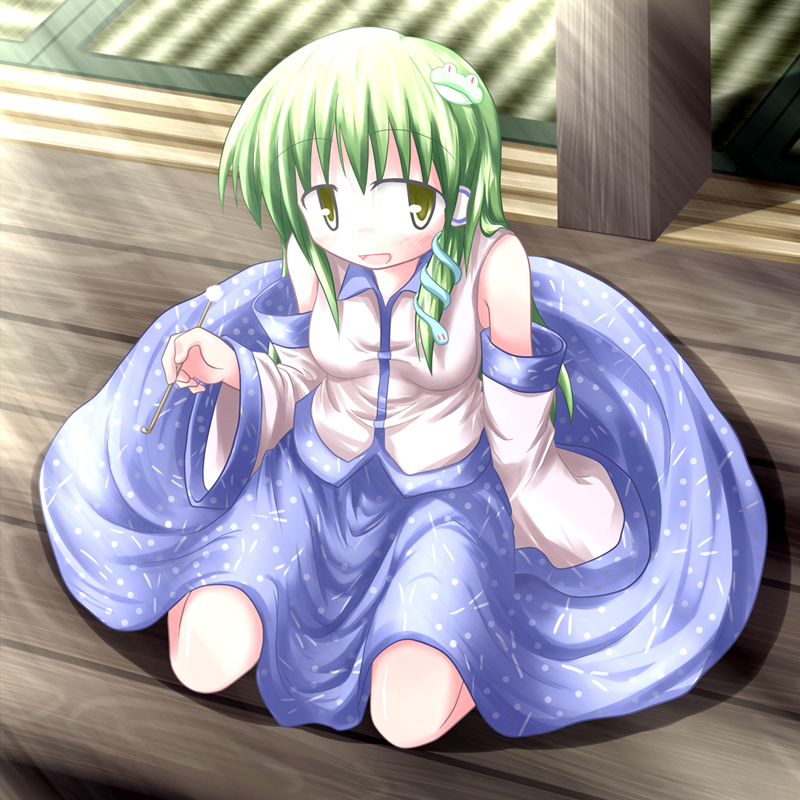 baerun, kochiya sanae, touhou, 1girl, blush, detached sleeves, female focus, full body, green hair, japanese clothes, long hair, miko, sitting, skirt, solo, yellow eyes