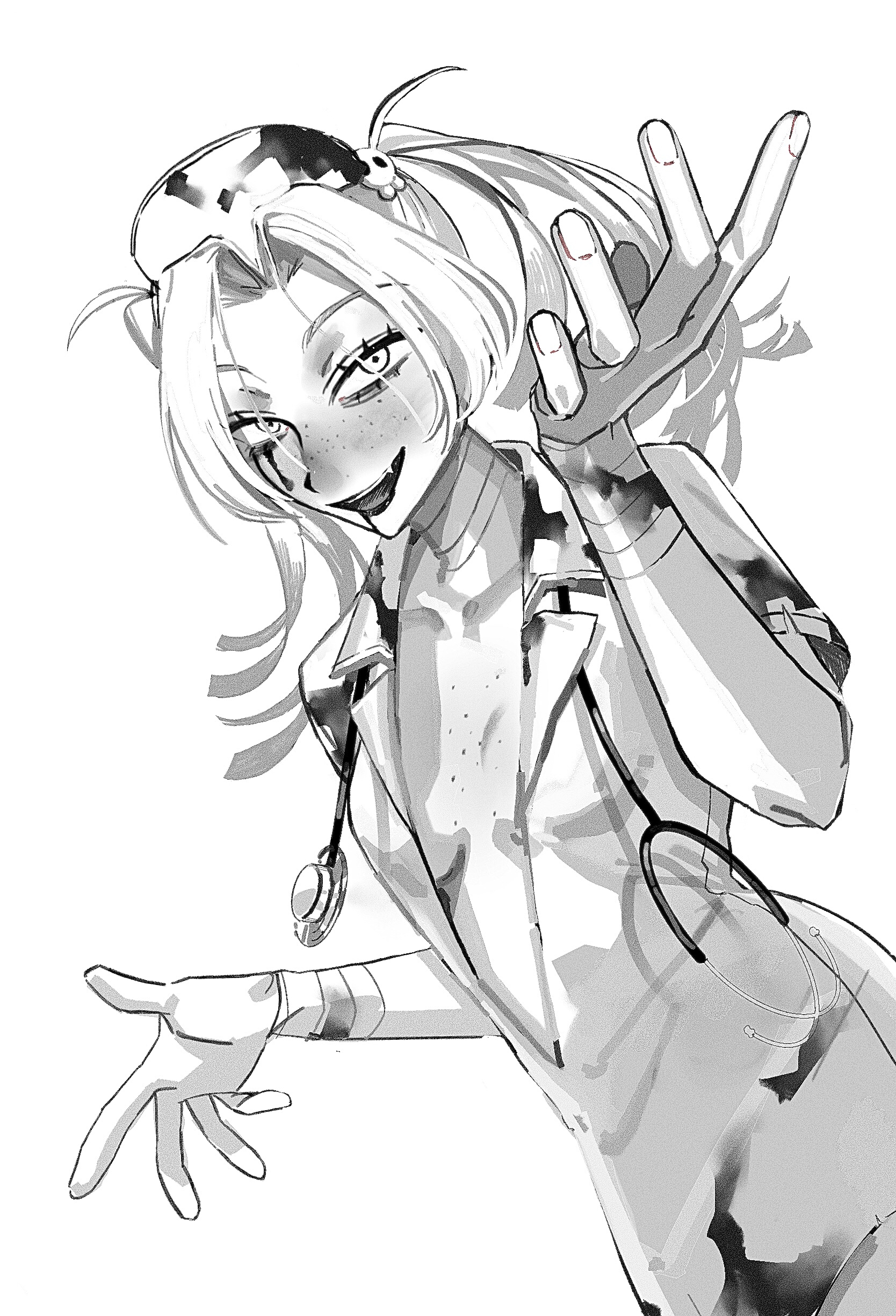 tsuru asaka, futsuu no keion-bu, absurdres, commentary request, highres, 1girl, bandaged arm, bandaged neck, bandages, blood, blood on clothes, blood on face, body freckles, breasts, chest freckles, collared dress, curtained hair, dress, dutch angle, fake blood, freckles, greyscale, hair ornament, halloween costume, hand up, hat, koneko zombie, monochrome, no bra, nurse, nurse cap, official alternate costume, official alternate hairstyle, open clothes, open dress, parted bangs, short dress, short sleeves, skull hair ornament, small breasts, smile, solo, stethoscope, stethoscope around neck, torn clothes, torn dress, twintails, upper body