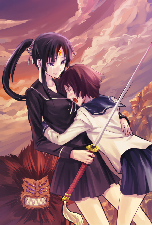 hikiyama towa, isayama yomi, ranguren, tsuchimiya kagura, ga-rei, ga-rei zero, 00s, 2girls, black hair, brown hair, holding, hug, katana, long hair, multiple girls, ponytail, school uniform, serafuku, short hair, sword, tears, weapon, yuri