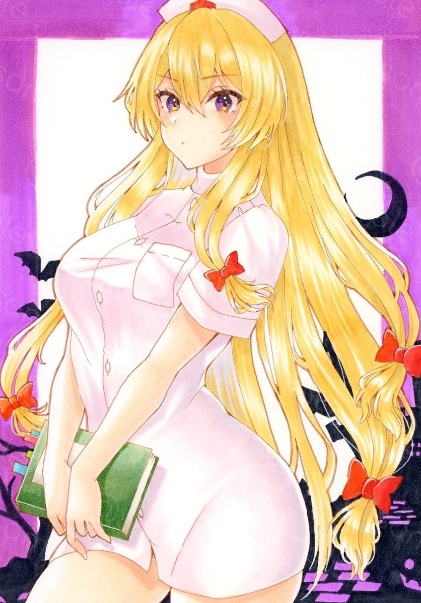 kapibaradon0405, yakumo yukari, touhou, commentary request, traditional media, 1girl, :o, alternate costume, blonde hair, book, breasts, dress, hair between eyes, hair ribbon, hat, holding, holding book, large breasts, long hair, looking at viewer, nurse, nurse cap, purple eyes, ribbon, sample watermark, short sleeves, solo, thighs, very long hair, watermark, white dress