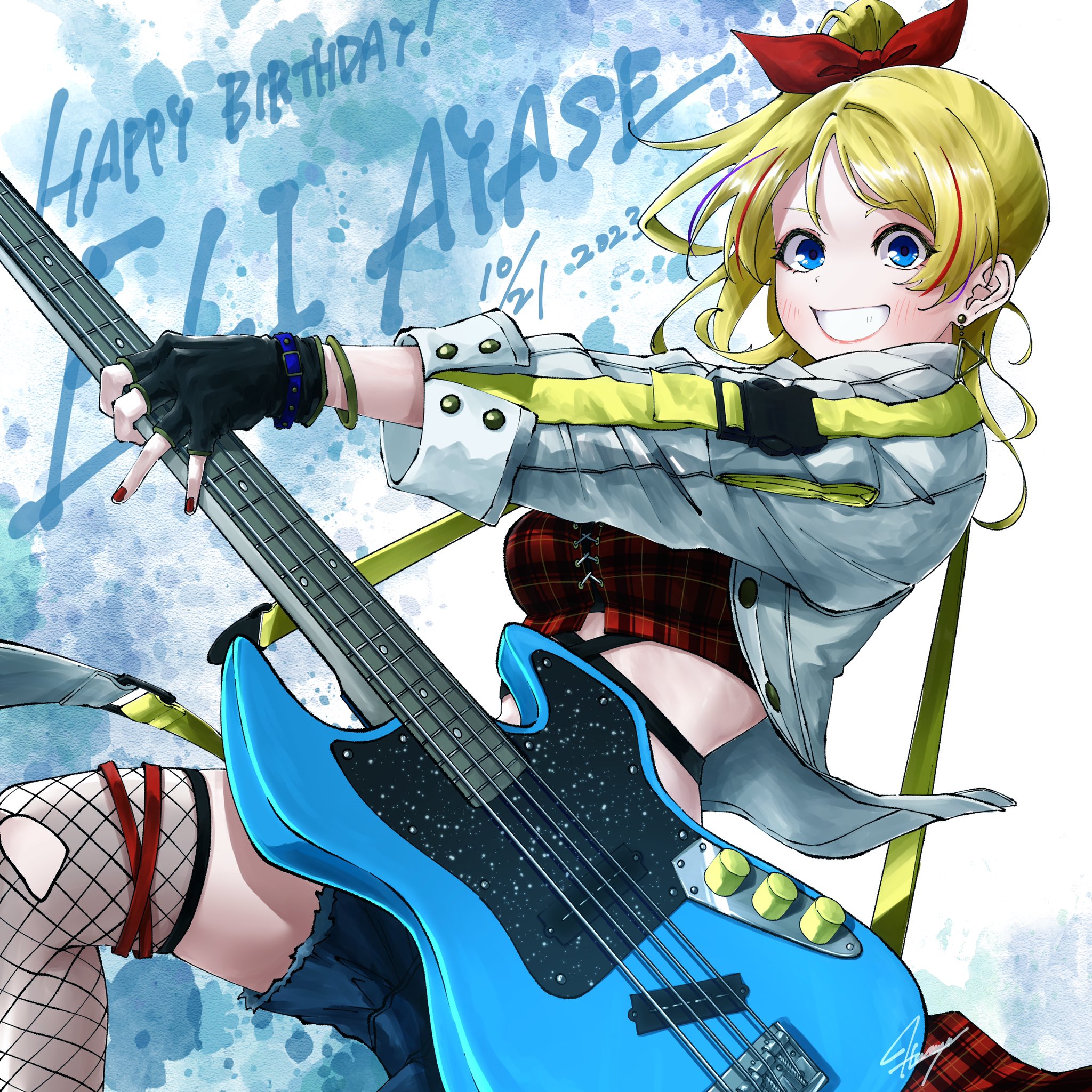 halpng, ayase eli, love live!, love live! school idol project, commentary request, highres, 1girl, birthday, black gloves, blonde hair, blue eyes, blush, bracelet, breasts, character name, dated, earrings, electric guitar, english text, fingerless gloves, fishnet thighhighs, fishnets, gloves, grin, guitar, hair ribbon, happy birthday, high ponytail, holding, holding guitar, holding instrument, instrument, jacket, jewelry, long hair, looking at viewer, ponytail, red ribbon, ribbon, short shorts, shorts, signature, smile, solo, thighhighs, upper body, white jacket
