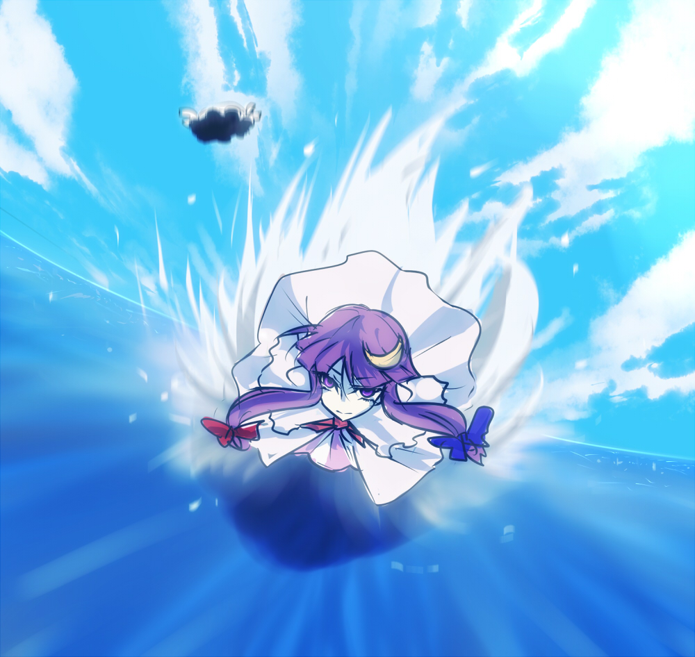 asa inu, patchouli knowledge, touhou, bad id, bad pixiv id, 1girl, cloud, female focus, flying, hair ribbon, hat, long hair, ocean, outdoors, purple eyes, purple hair, ribbon, sky, solo, water
