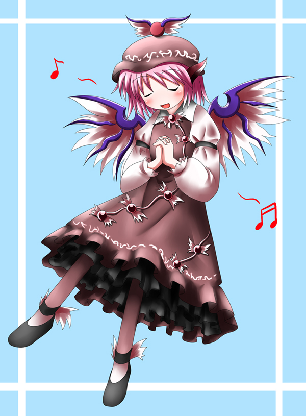 baerun, mystia lorelei, touhou, 1girl, closed eyes, female focus, full body, hat, music, pink hair, ribbon, short hair, singing, skirt, solo, thighhighs, white background, wings