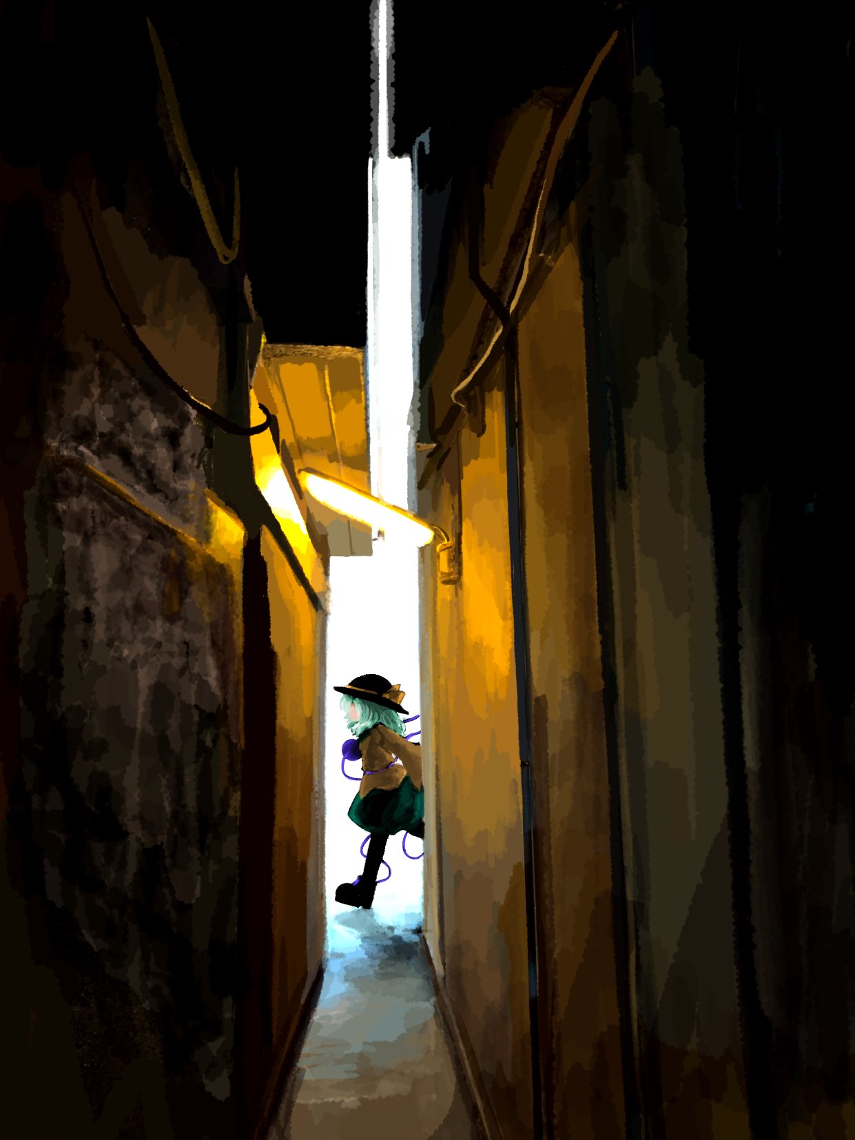 heripantomorrow, komeiji koishi, touhou, highres, 1girl, alternate costume, black boots, black hat, boots, building, eyeball, frilled shirt collar, frilled sleeves, frills, green hair, green skirt, hat, hat ribbon, ribbon, running, shirt, skirt, third eye, wide sleeves, yellow ribbon, yellow shirt