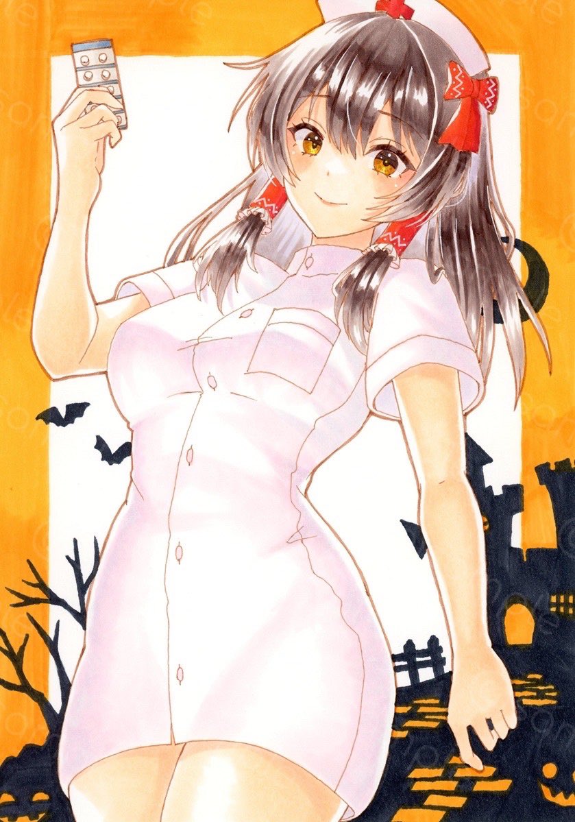 kapibaradon0405, hakurei reimu, touhou, commentary request, traditional media, alternate costume, breasts, brown eyes, brown hair, dress, hair between eyes, hair ribbon, hair tubes, hat, holding, holding pill, looking at viewer, medium breasts, nurse, nurse cap, ribbon, sample watermark, short sleeves, smile, thighs, watermark, white dress