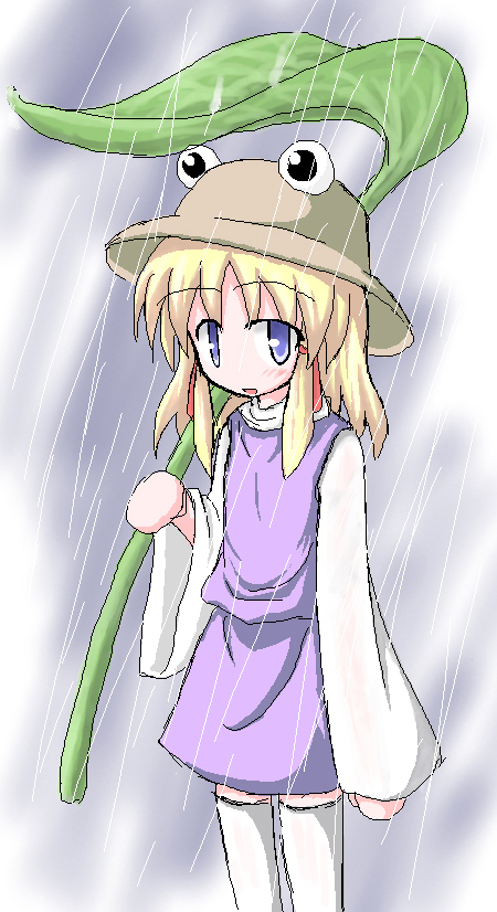 baerun, moriya suwako, touhou, 1girl, blonde hair, blue eyes, child, female focus, hat, leaf umbrella, outdoors, plant, rain, solo, standing, thighhighs