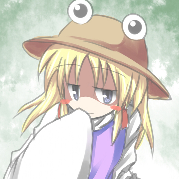 baerun, moriya suwako, touhou, 1girl, blonde hair, blue eyes, female focus, gradient background, hat, solo, upper body, white background
