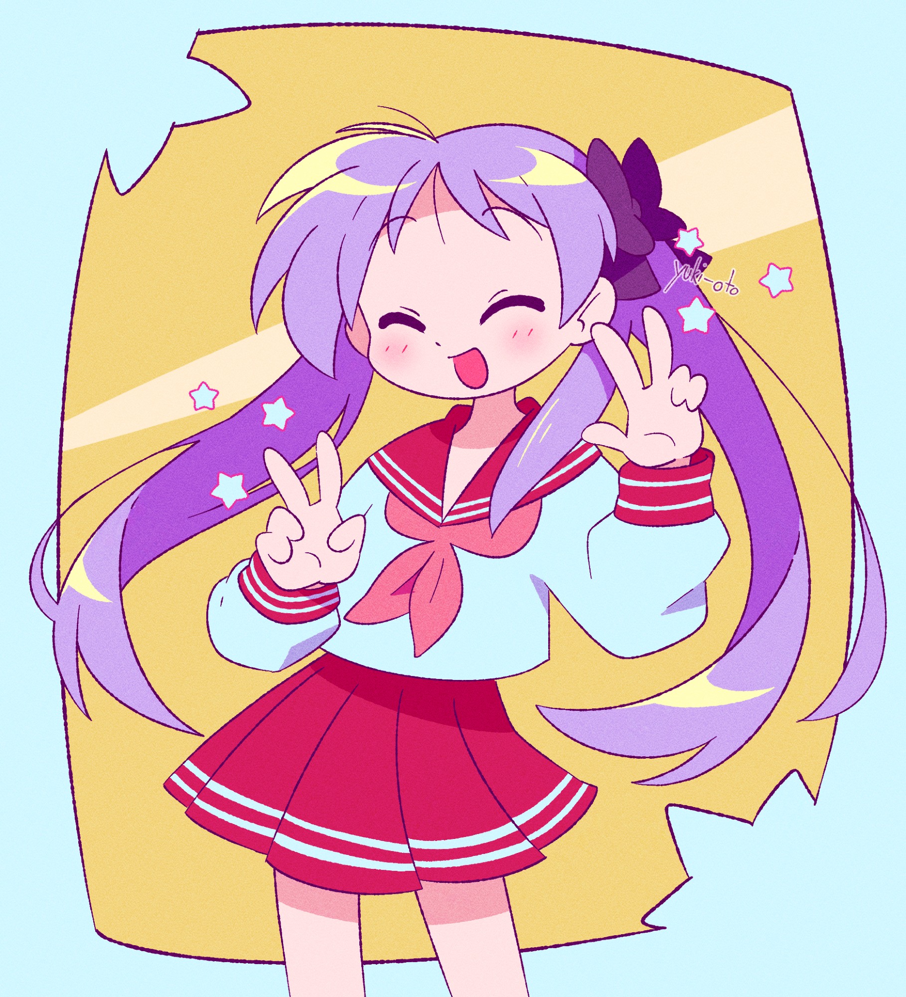 yuki oto, hiiragi kagami, lucky star, highres, 1girl, :d, artist name, blue background, blush, bow, closed eyes, hair bow, neckerchief, open mouth, outside border, pink neckerchief, pleated skirt, purple bow, purple hair, red sailor collar, red skirt, ryouou school uniform, sailor collar, school uniform, shirt, skirt, smile, star (symbol), twintails, two-tone background, v, w, white shirt, yellow background
