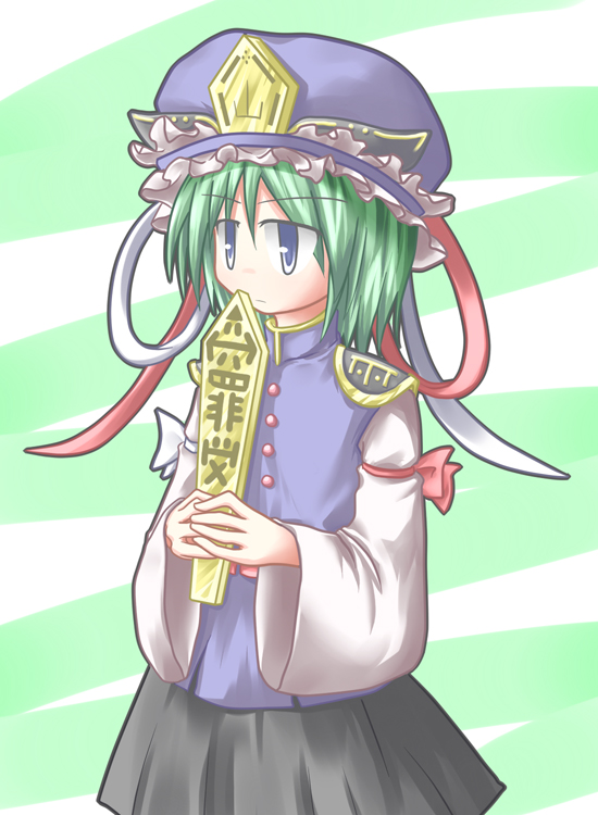 baerun, shiki eiki, touhou, 1girl, blue eyes, female focus, green hair, hat, rod of remorse, solo, standing