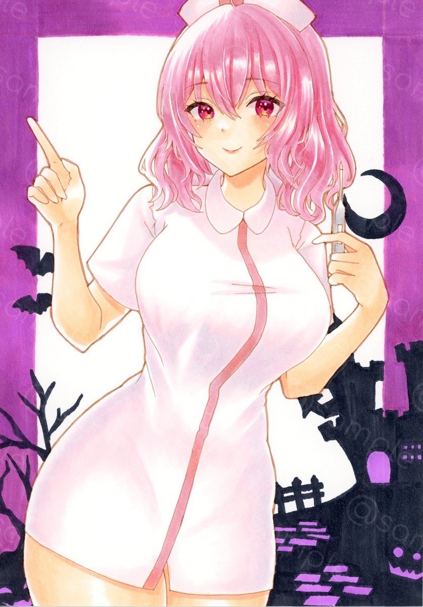 kapibaradon0405, saigyouji yuyuko, touhou, commentary request, traditional media, alternate costume, closed mouth, collared dress, dress, hair between eyes, hand up, hat, holding, holding thermometer, index finger raised, looking at viewer, medium hair, nurse, nurse cap, pink dress, pink eyes, pink hair, sample watermark, short sleeves, smile, thermometer, thighs, watermark, wavy hair