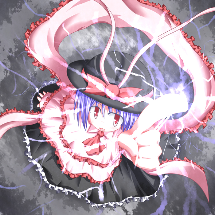 baerun, nagae iku, saturday night fever, touhou, 1girl, blue hair, electricity, female focus, hat, red eyes, scarf, short hair, solo