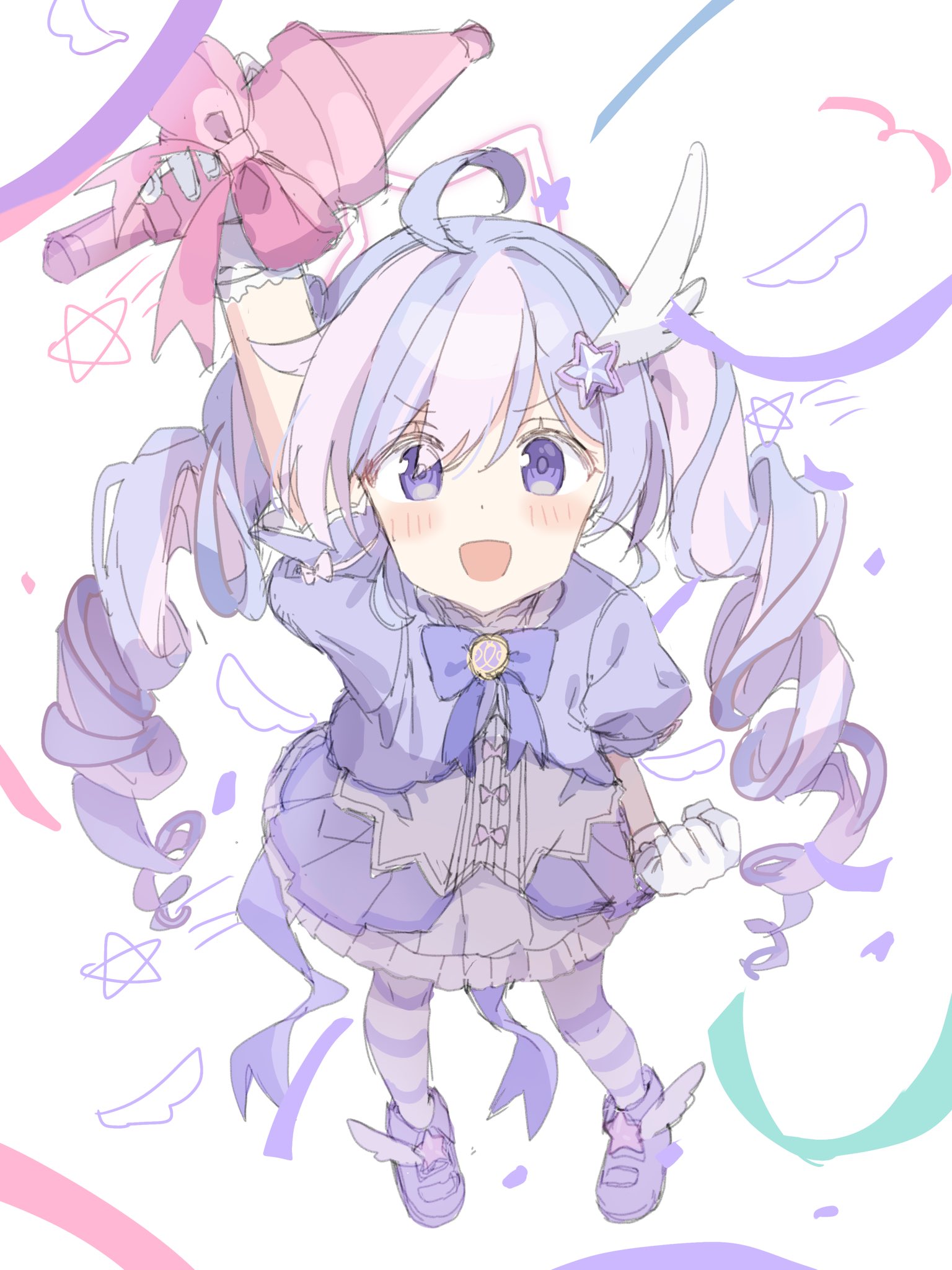 reisa (blue archive), reisa (magical) (blue archive), blue archive, highres, 1girl, ahoge, arm up, blue hair, blush, bow, bowtie, clenched hand, confetti, dress, drill hair, full body, gloves, hair ornament, halo, holding, jacket, long hair, looking at viewer, multicolored hair, nametake365, open mouth, pantyhose, pink hair, puffy short sleeves, puffy sleeves, purple eyes, purple hair, purple jacket, purple shoes, shoes, short sleeves, smile, solo, star (symbol), star hair ornament, streaked hair, striped clothes, striped pantyhose, striped thighhighs, thighhighs, twin drills, twintails, two-tone hair, white background, white gloves
