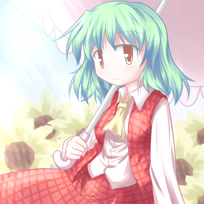 baerun, kazami yuuka, touhou, 1girl, female focus, flower, green hair, plaid clothes, plaid skirt, plaid vest, skirt, skirt set, solo, sunflower, umbrella, vest