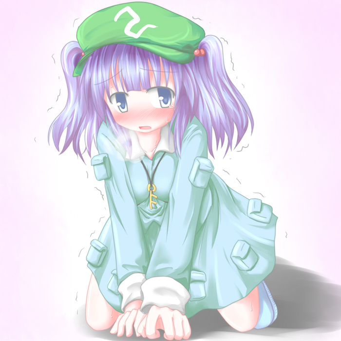 baerun, kawashiro nitori, touhou, 1girl, all fours, blue eyes, blue hair, blush, female focus, full body, gradient background, hat, key, long hair, matching hair/eyes, open mouth, purple hair, solo, tears, twintails, two side up