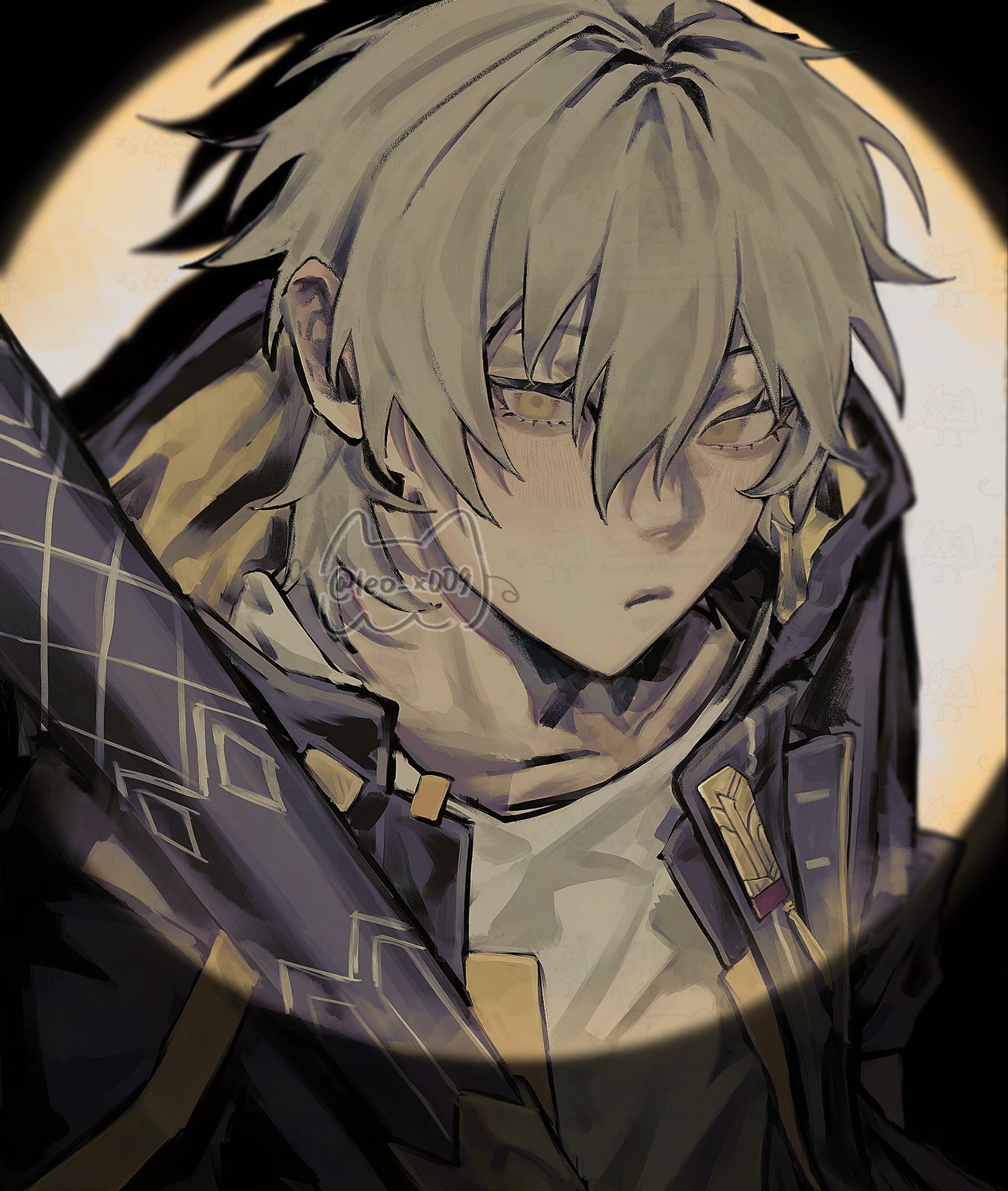 leo x009, caelus (honkai: star rail), trailblazer (honkai: star rail), honkai: star rail, honkai (series), commentary, hashtag-only commentary, highres, 1boy, baseball bat, black jacket, closed mouth, frown, grey hair, hair between eyes, jacket, light blush, looking at viewer, male focus, muted color, portrait, shadow, shirt, short hair, sleeve cuffs, solo, spotlight, twitter username, white shirt, yellow eyes