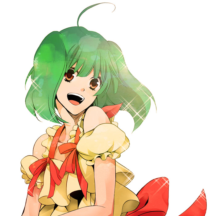 nagi kanami, ranka lee, macross, macross frontier, bad id, bad pixiv id, 00s, ahoge, bare shoulders, dress, green hair, orange eyes, ribbon, short hair, smile, solo, sparkle