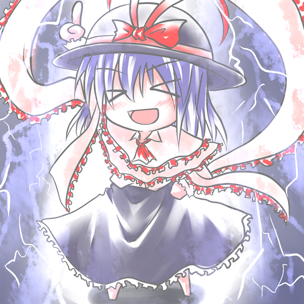 baerun, nagae iku, saturday night fever, touhou, > <, 1girl, chibi, closed eyes, electricity, female focus, full body, hand on own hip, hat, scarf, solo, standing