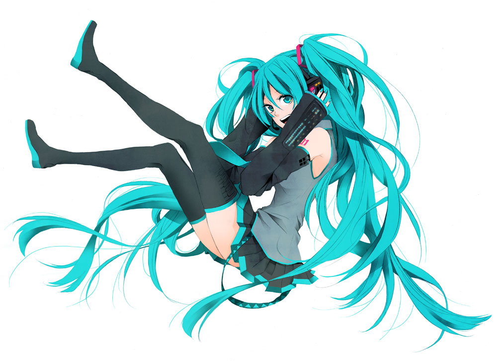 nagi kanami, hatsune miku, vocaloid, bad id, bad pixiv id, aqua eyes, aqua hair, boots, detached sleeves, hair ornament, headphones, laughing, legs, long hair, miniskirt, pleated skirt, skirt, sleeves past wrists, smile, solo, thigh boots, thighhighs, twintails, very long hair, zettai ryouiki