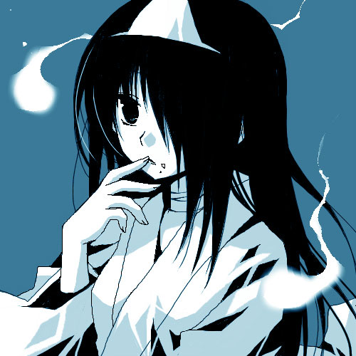 sakurazawa izumi, rei (gintama), gintama, lowres, 00s, 1girl, blue background, blue theme, crumbs, female focus, finger to mouth, ghost, hair over one eye, hitaikakushi, japanese clothes, long hair, monochrome, solo, spirits, triangular headpiece