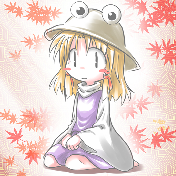 baerun, moriya suwako, touhou, 1girl, blonde hair, female focus, full body, gradient background, hat, plant, sitting, solo, white background