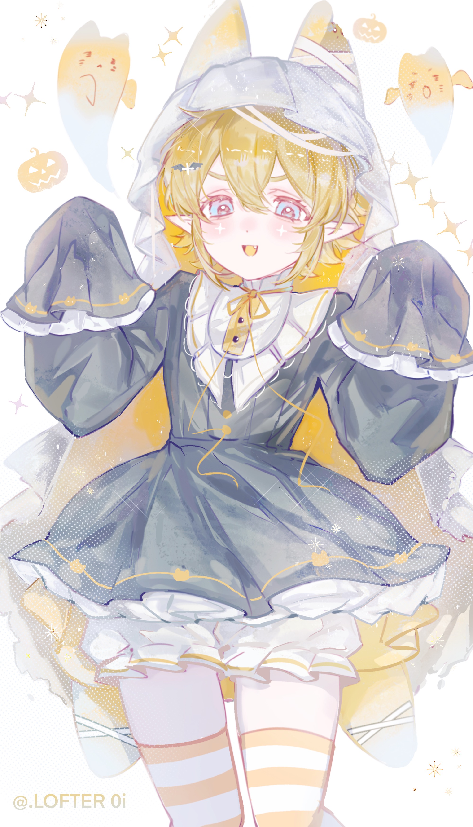 plutoray, king (aotu world), aotu world, absurdres, chinese commentary, highres, 1boy, :3, alternate costume, animal ears, artist name, black dress, blonde hair, bloomers, blue eyes, blush, cat boy, cat ears, crossdressing, crossdressing (mtf), dress, eyelashes, fang, frilled dress, frills, ghost, hair ornament, hairclip, halloween, halloween costume, hands up, kemonomimi mode, long sleeves, looking at viewer, male focus, neck ribbon, open mouth, outstretched arms, pale skin, pointy ears, pumpkin, ribbon, short hair, sleeves past fingers, sleeves past wrists, smile, solo, sparkle, striped clothes, striped thighhighs, thighhighs, trap, twitter username, two-sided veil, underwear, veil, white background, white bloomers, white veil, yellow ribbon, zettai ryouiki, zombie pose