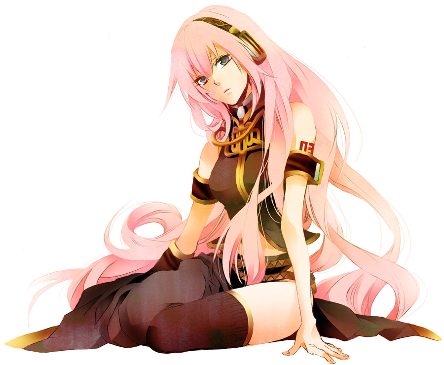 nagi kanami, megurine luka, vocaloid, bad id, bad pixiv id, 1girl, armband, armlet, black skirt, female focus, grey eyes, headphones, jewelry, long hair, long skirt, pink hair, side slit, skirt, solo, thighhighs, thighs, very long hair