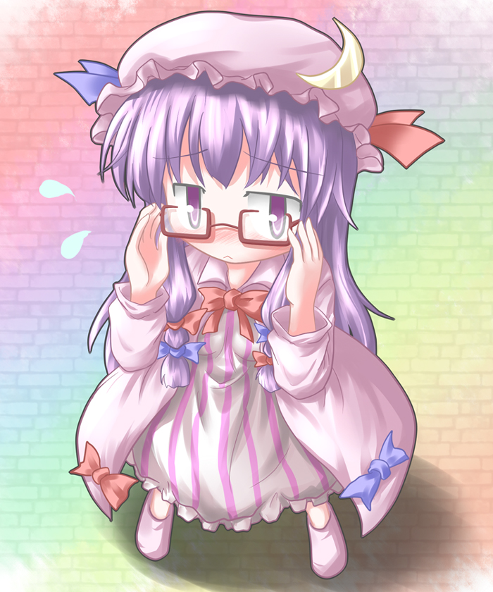 baerun, patchouli knowledge, touhou, 1girl, :<, adjusting eyewear, bespectacled, blush, crescent, female focus, full body, glasses, hat, long hair, purple eyes, purple hair, rainbow background, solo