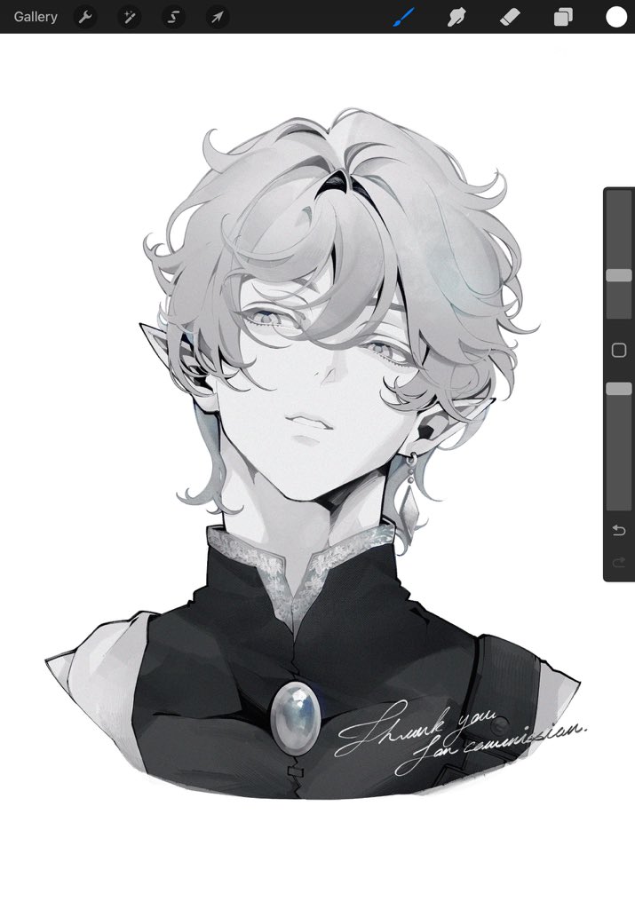 siiar (lvlcmxcix), original, commentary, commission, 1boy, art program in frame, brooch, cropped shoulders, earrings, facing viewer, greyscale, hair between eyes, jewelry, looking to the side, male focus, monochrome, parted lips, pointy ears, short hair, simple background, single earring, solo, swept bangs, white background