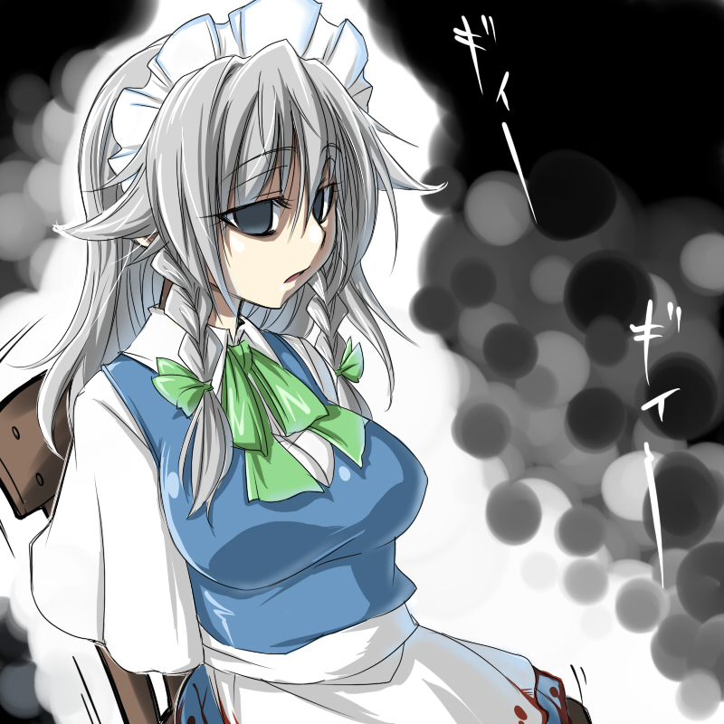 tajima yuuki, izayoi sakuya, touhou, silver hair, 1girl, amputee, blood, braid, breasts, chair, empty eyes, female focus, maid, quadruple amputee, solo, twin braids