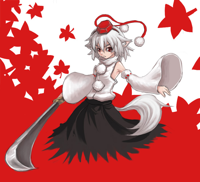 jigoku inu, inubashiri momiji, touhou, 1girl, animal ears, detached sleeves, female focus, solo, standing, sword, weapon, wolf ears