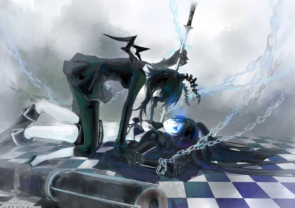i-riya, black rock shooter (character), dead master, black rock shooter, vocaloid, bad id, bad pixiv id, 10s, 2girls, artist name, bikini, bikini top only, black bikini, black boots, black dress, black hair, black leggings, black shorts, blue eyes, boots, chain, claws, dress, front-tie bikini top, front-tie top, glowing, glowing eye, knee boots, leggings, long hair, multiple girls, pale skin, scar, scar on stomach, shorts, swimsuit, sword, twintails, watermark, weapon, web address