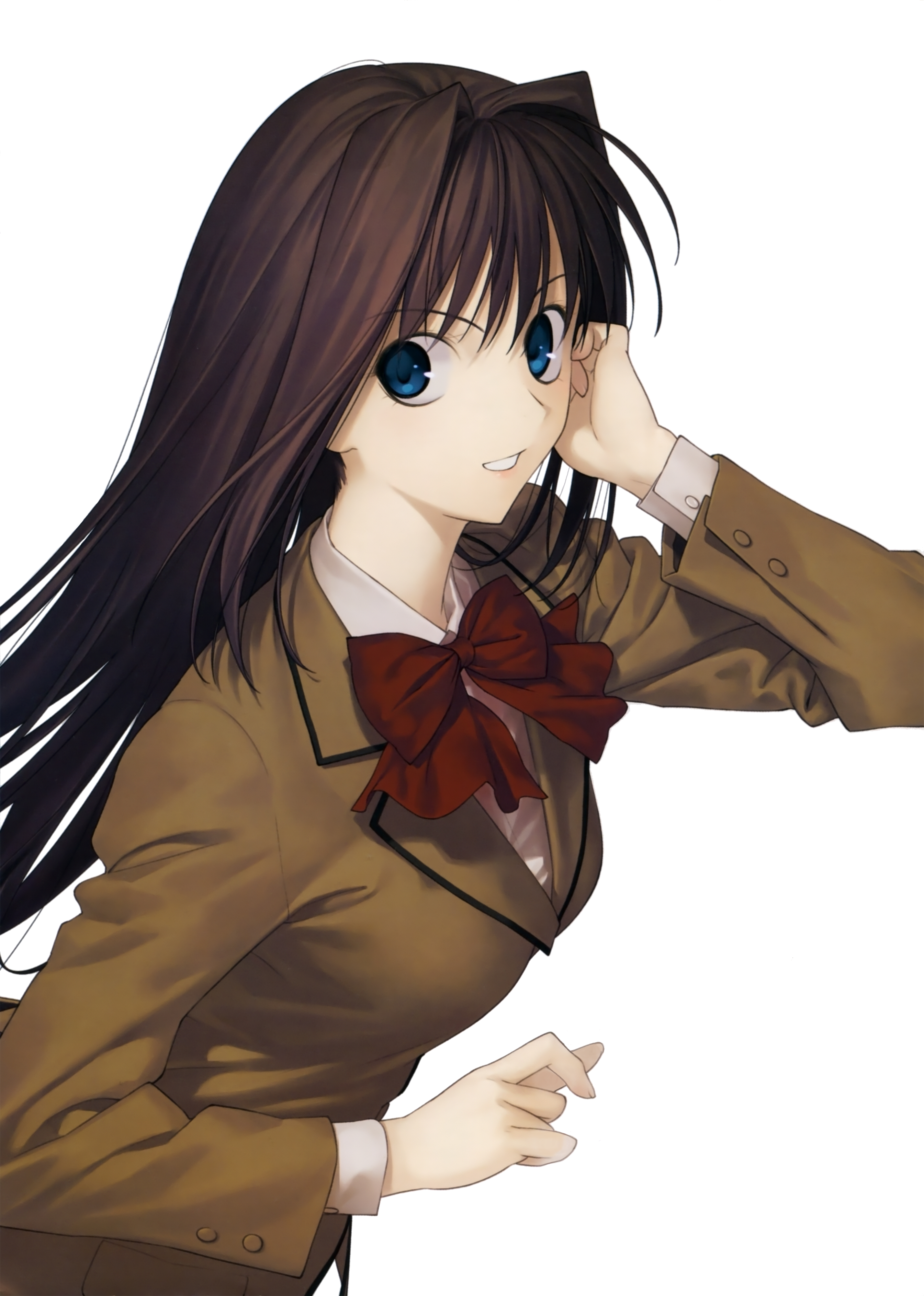 koyama hirokazu, aozaki aoko, mahou tsukai no yoru, type-moon, absurdres, highres, official art, 1girl, blue eyes, brown hair, female focus, hair intakes, long hair, school uniform, solo
